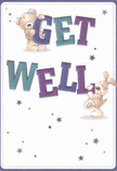 Radiating cheerful warmth and optimism, this get well card features two animated friends-a cosy teddy bear and a playful puppy-seeming to spring joyfully from a gentle cream backdrop, much like meeting a friendly face during a walk through Enfield Wash. Both characters hold and balance the large, colourful letters spelling 'Get Well'; their exuberant expressions and round forms convey instant comfort. The vibrant indigo and teal tones of the text pop confidently against the soft background, lending lively energy that lifts the spirits. Across the card, scattered stars in shades of blue and purple twinkle like hope itself-echoes of night skies above local gardens at dusk. The artists' illustrated fur on the bear and puppy looks so plush and inviting, nearly tangible-mirroring the soothing comfort of a flower delivery from Enfield Wash Florist. More than just a message on paper, this card becomes a gentle companion for anyone facing recovery; it embodies a heartfelt wish that's as comforting as a neighbour's thoughtful gesture, ready to brighten anyone's day in Enfield Wash.